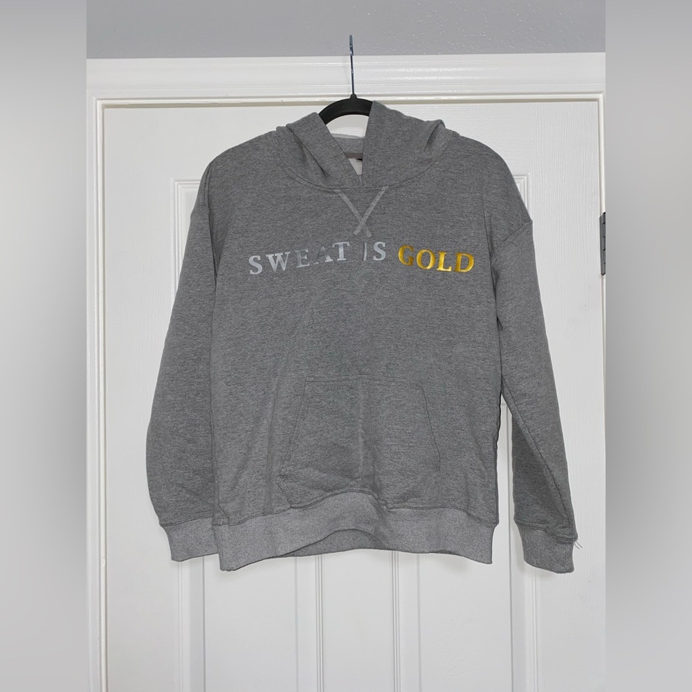 Hannah Bower Line, Sweat is Gold Gray Fleece Hoodie, Size S.